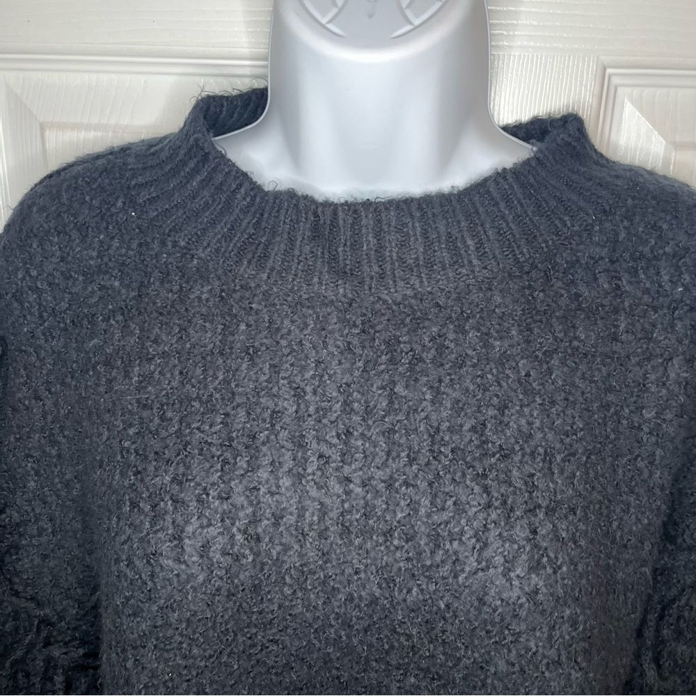 Treasure & Bond Balloon Sleeve Mixed Stitch Fringe Sweater Crew Black S Nwt — image 7 of 8